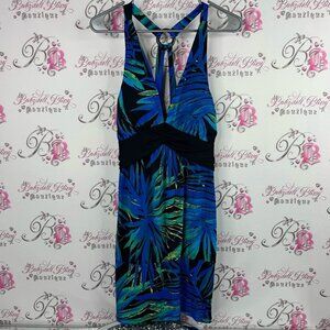 Guilty dress strappy o ring detail floral Tropical Blue and Green Halter Dress